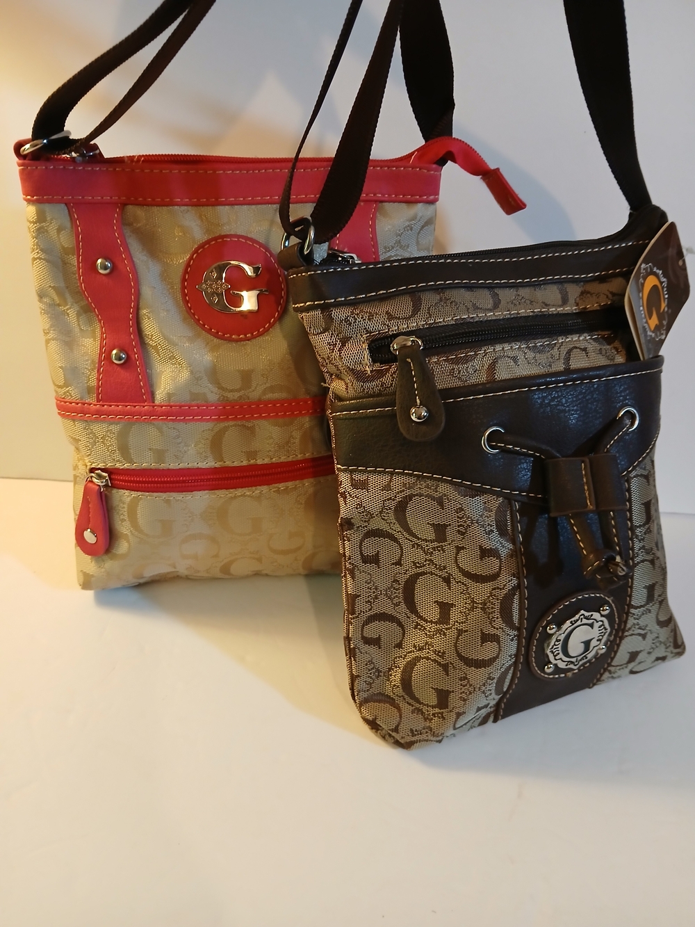 Bundle-'G' Monogram- Adjustable Crossbody-Shoulder Bag.1 NEW Brown/1 NWOT Pink